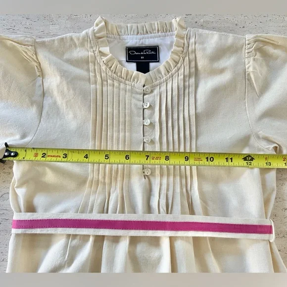 Oscar de la Renta Girl’s Pintuck Ruffle Trim Dress in Cream and Pink, Size 8Y